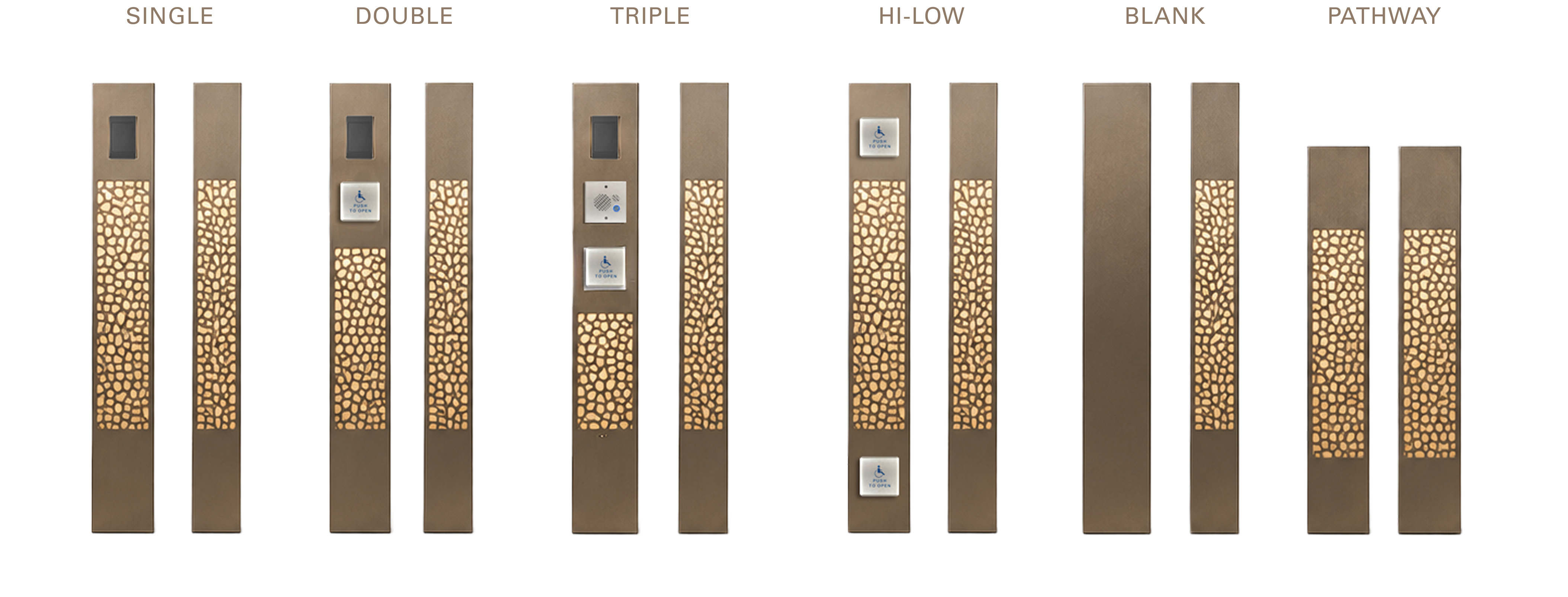 MOTIF pedestal configurations: Single, Double, Triple, Hi-Low, Blank, and Pathway