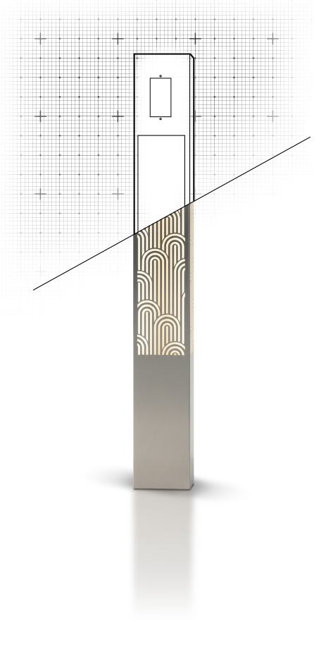 Custom MOTIF pedestal engineering drawing and finished product