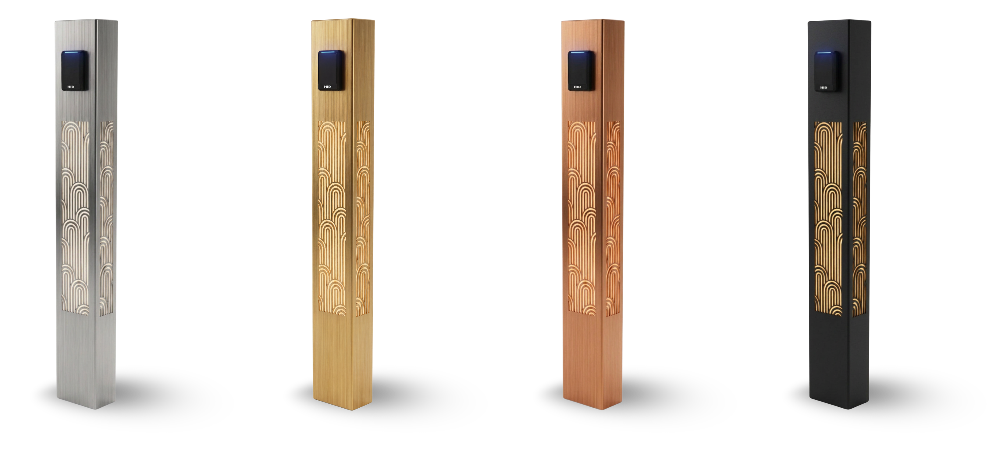 MOTIF pedestals in brushed stainless steel, translucent brass, translucent copper, and satin black finishes