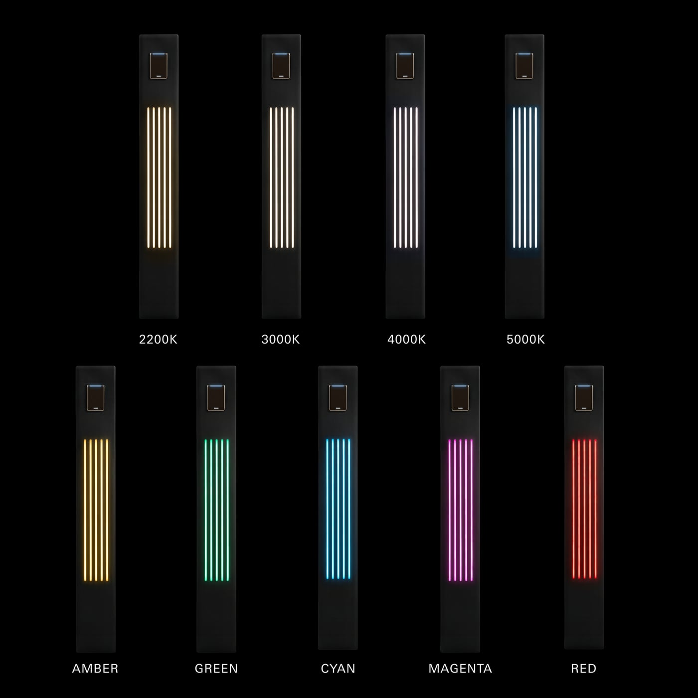 MOTIF pedestal LED spectrum showing tunable white temperatures and RGB color options