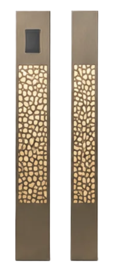 MOTIF pedestals showing SHALE pattern in translucent brass and copper finishes