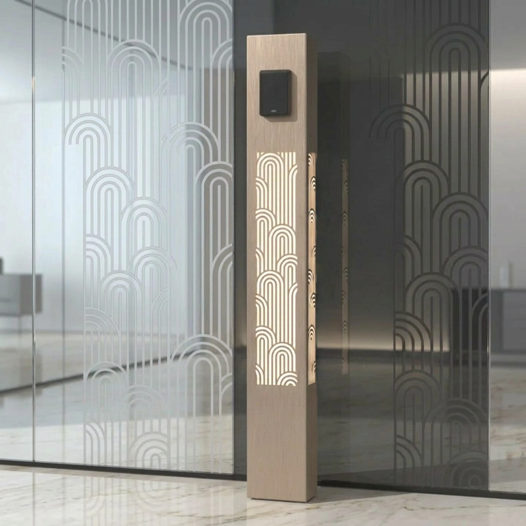 Brushed metal MOTIF pedestal with arch pattern in a glass lobby