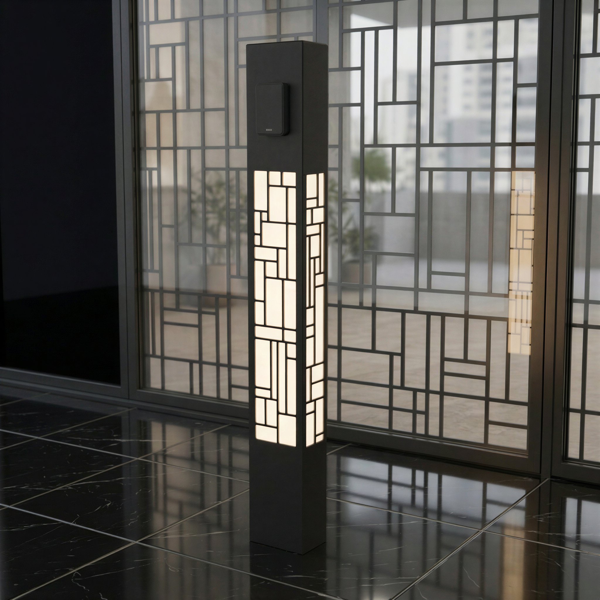 Satin black MOTIF pedestal with grid pattern in a modern interior