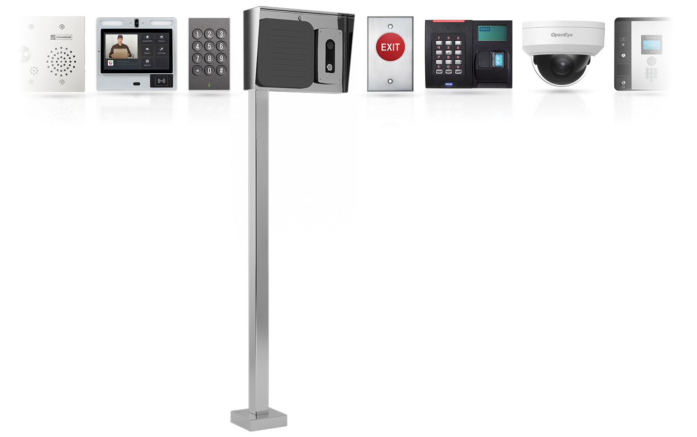 Pedestal with compatible access control devices including card readers, intercoms, keypads, and cameras
