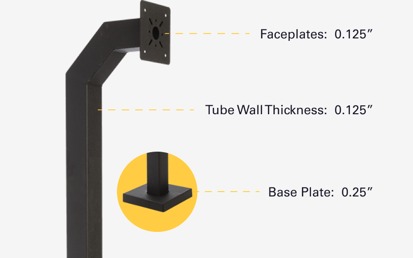 Heavy-duty steel pedestal showing 0.125 inch faceplates and tube wall, and 0.25 inch base plate